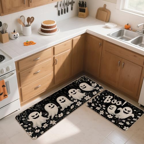 Halloween Ghost Kitchen Rugs Set of 2 - Black, 17x29 & 17x47 Inch