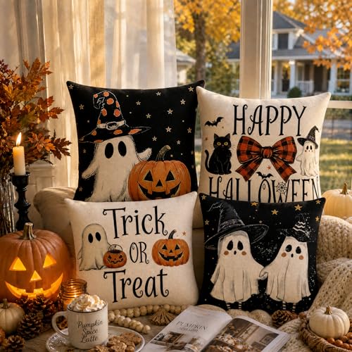 Black Halloween Pillow Covers 18x18 Set of 4 - Spooky Fall Home Decor