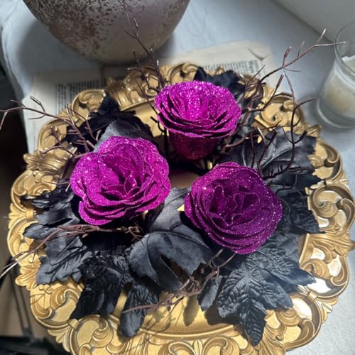 Halloween Candle Ring Wreath Artificial Purple Flowers Black Maple Leaves 9.84"