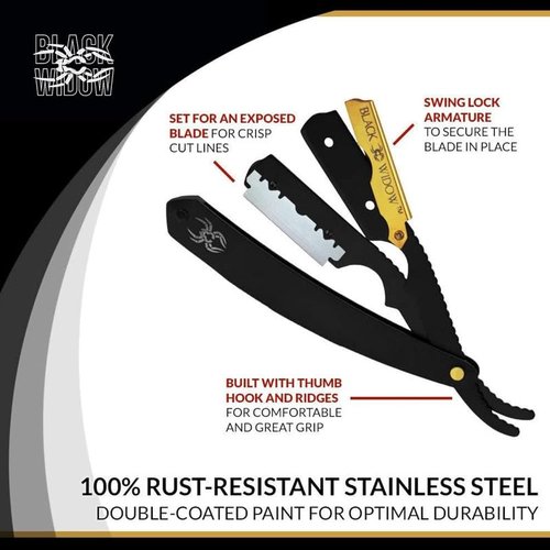 Black Widow Professional Straight Razor – Matte Black & Gold Barber Razor for Men – 1.5 mm Exposure, Swing Lock Grip, Stainless Steel Shavette for Barbers & Beginners pack of 10 blades