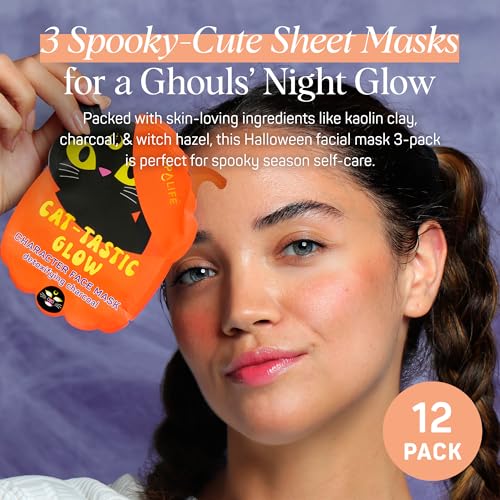 Spooky Glow Halloween Face Mask Set - Pore-Refining, Detoxifying & Brightening Korean Sheet Masks - 12 Pack