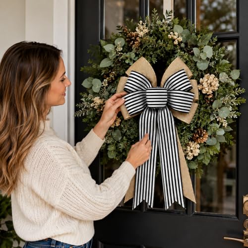 Black White Stripe Halloween Fall Bows - 2 Pcs Rustic Wreath Decorations - Variation of Black White