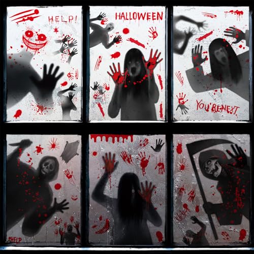 Halloween Window Clings Set - Horror Skull Devil Bloody Handprints Ghost Decor