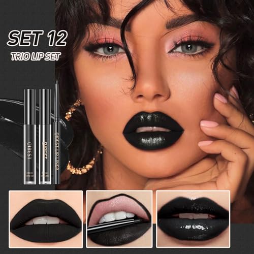 Black Magic 3-in-1 Lipstick Set for Halloween and Gothic Makeup - Long Lasting & Waterproof