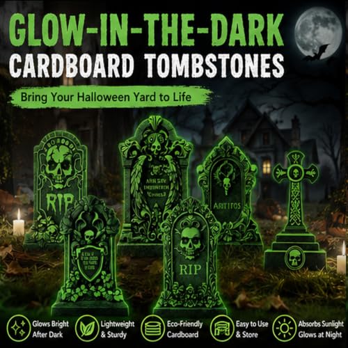 Glow-in-Dark Halloween Tombstone Decorations Outdoor Set with Stakes