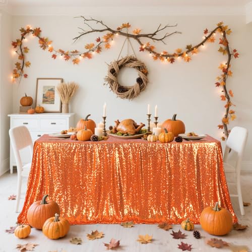 Orange Sequin Tablecloth 90x156 Inch Rectangle Party & Wedding Decor - Sparkly Fabric