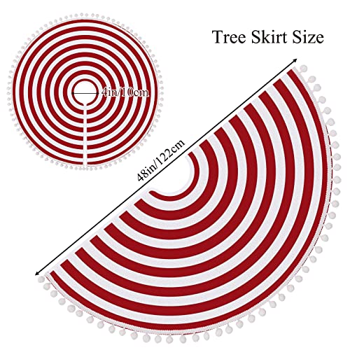 Christmas Tree Skirt 48 Inch Red White Rings with Pom Pom Trim - HOHOTIME Variation