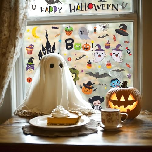 Halloween Window Clings Set - Double Sided Witch Ghost Pumpkin Bat 9 Sheets with Variation Monster Witch