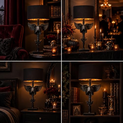 Modern Skeleton with Wings Lamp - 25 Inch Gothic Table Light, Spooky Home Decor