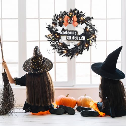 22-Inch Halloween Wreath with 20 LED Lights for Front Door Indoor Outdoor Decor