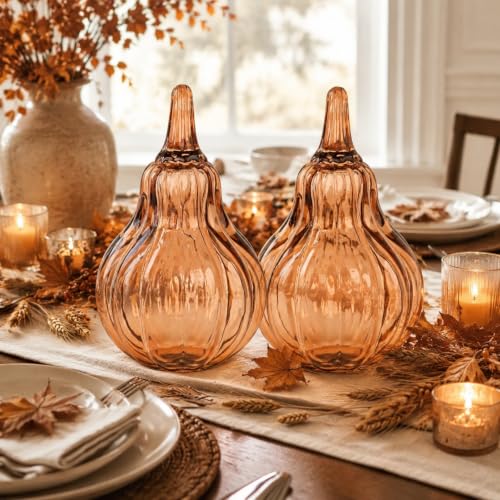 Fall Glass Pumpkin Figurines - Hand Blown 6.7-Inch Autumn Decor Set