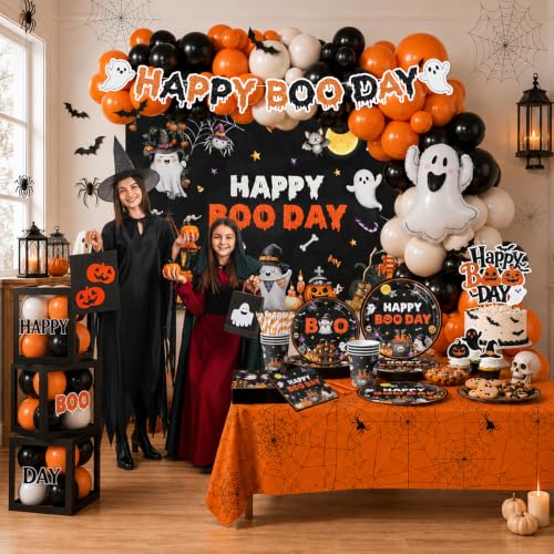 Halloween Birthday Party Decorations Kit with Banner Balloons Plates Napkins - Happy Boo Day Variation
