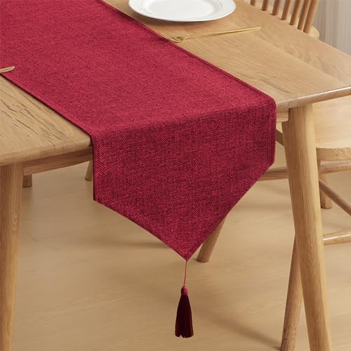 Burgundy Red Table Runner 14x71 Inch Linen-Like Water-Resistant Decor
