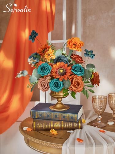 Artificial Burnt Orange & Teal Sunflower Flowers for Decor - Variation of Burnt Sunflower Orange & Teal Square