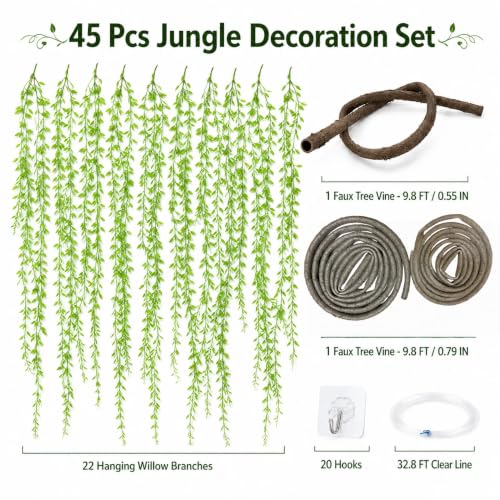 Artificial Jungle Vines Set with Willow Branches and Hooks for Classroom & Event Decor