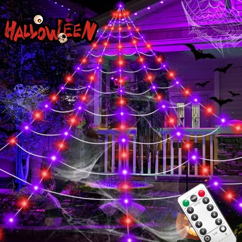 Halloween Spider Web Lights 17FT Giant Net with 290 LEDs & 8 Modes - Purple & Orange Variation