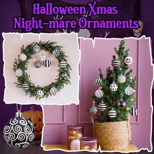 Halloween & Christmas Ball Ornaments Set - 12 Black and White Decorative 2.36 Inch