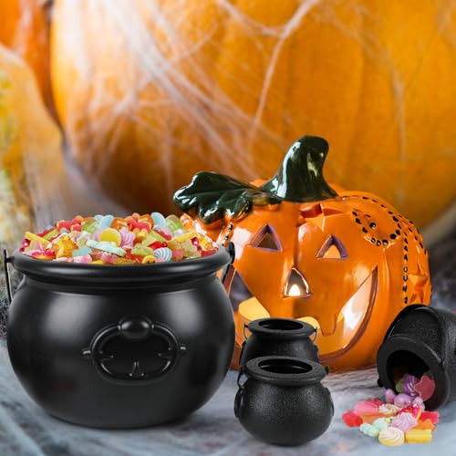 Assorted Size Black Candy Cauldron Set - 8 Mini & 1 Large Halloween Buckets with Handles