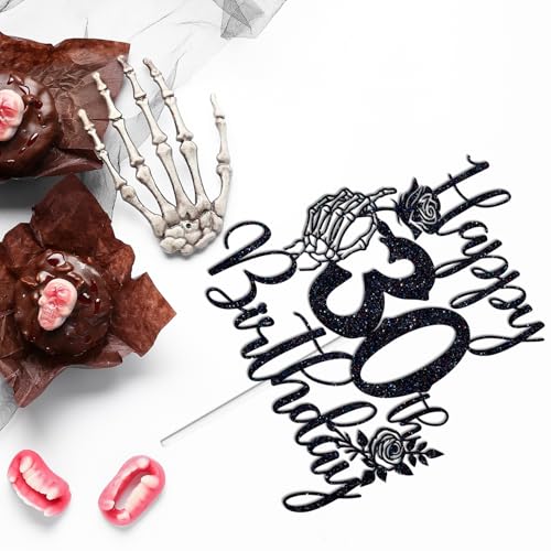 Gothic 30th Birthday Cake Topper Skeleton Hand Rose Glitter Decor