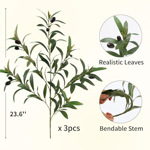 Artificial Olive Branches Set of 3 - 23.6 Inch Greenery for Vases & Decor - Faux Eucalyptus Stems, Home & Centerpiece
