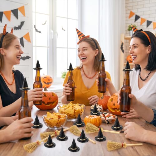 Mini Witch Hat and Broom Set - Halloween Decorations for Cake Toppers & Party Favors