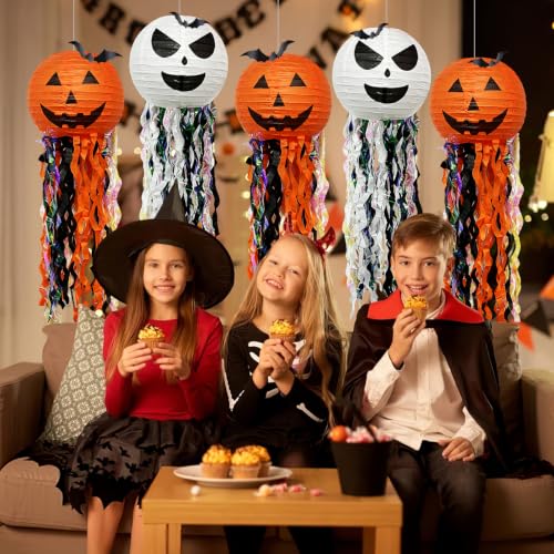 Halloween Pumpkin Paper Lanterns with Bat Set - 10 Inch Autumn Decor
