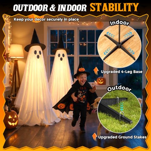 White Light Up Ghost Halloween Decorations - 2 Pack, Outdoor & Indoor, Remote & Timer