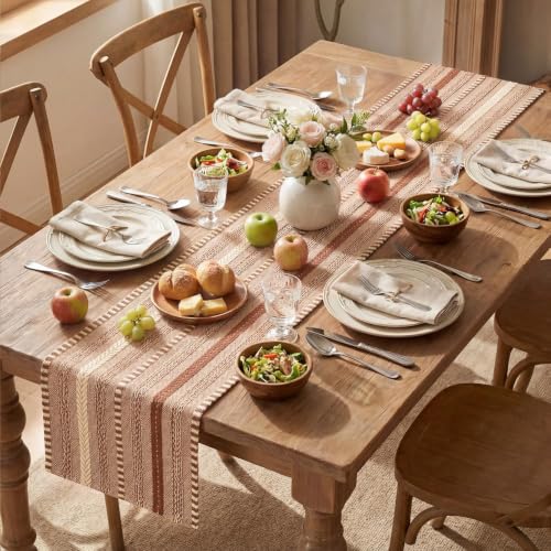 Caramel Farmhouse Stripe Braided Table Runner 12x120 Inch - Cotton & Polyester