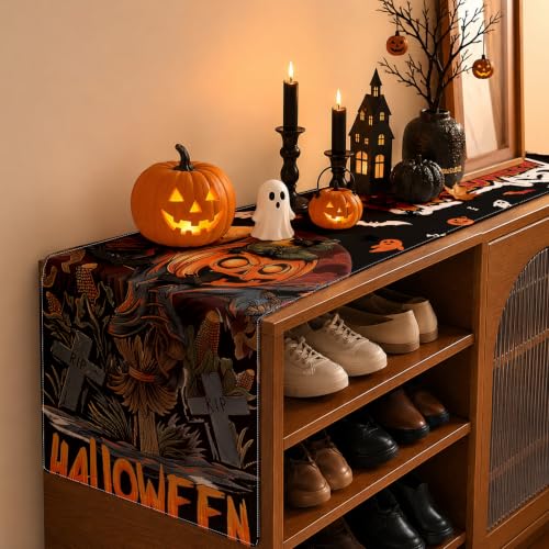 Black Pumpkin Scarecrow Halloween Table Runner 13x72 Inches - Spooky Decor