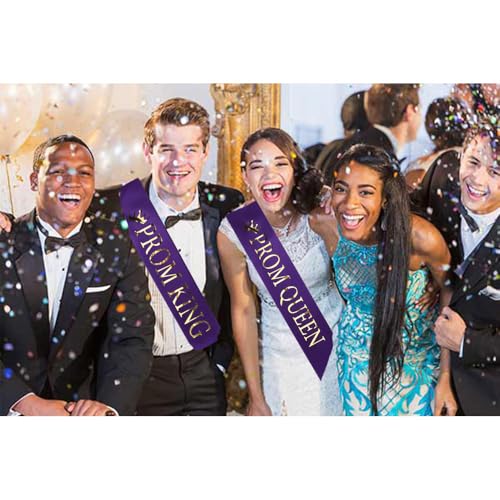 Purple Base Gold Words Prom Queen King Sash Decoration - 2 Pack