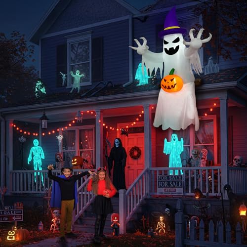 8 FT Ghost Inflatable Halloween Decorations with Witch Hat & Pumpkin - Spooky Yard Decor