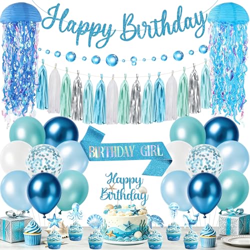 Blue Ocean Mermaid Birthday Party Decorations Set for Girls