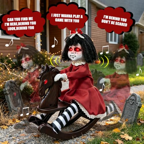 Halloween Animatronic Girl Doll on Rocking Horse with Lights - Multicolor