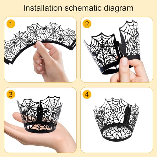 Black Halloween Cupcake Liners with Spider Web Toppers - 50 Pcs