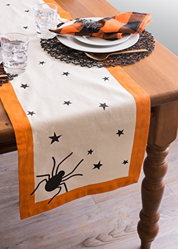 Halloween Table Runner 72x14 Inches Black Stars Spiders Orange Border Cotton