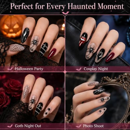 Gothic Halloween Press-On Nails with Spider Flame Chain Design - Black Red Variation
