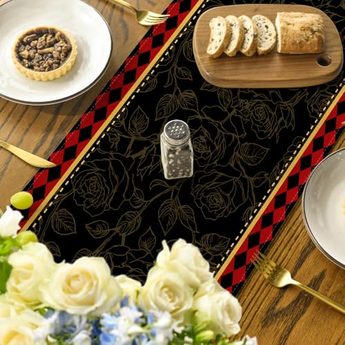 Horse Roses Diamond Pattern Table Runner 13x72 Inch for Dining & Holiday Decor