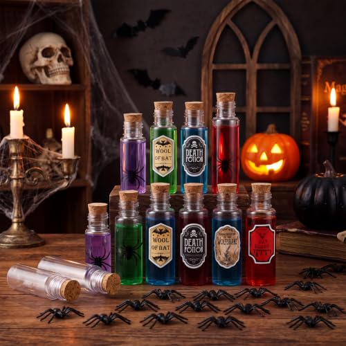 Halloween Potion Bottles Set - 24 Clear Plastic Bottles with Corks & Decorations