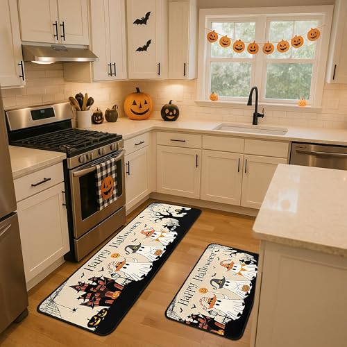 Halloween Ghost Kitchen Rugs Set - Black & White Non-Slip Absorbent Floor Mats, 2-Piece, 17x47 & 17x30 inches - Variation Blackwhite-1