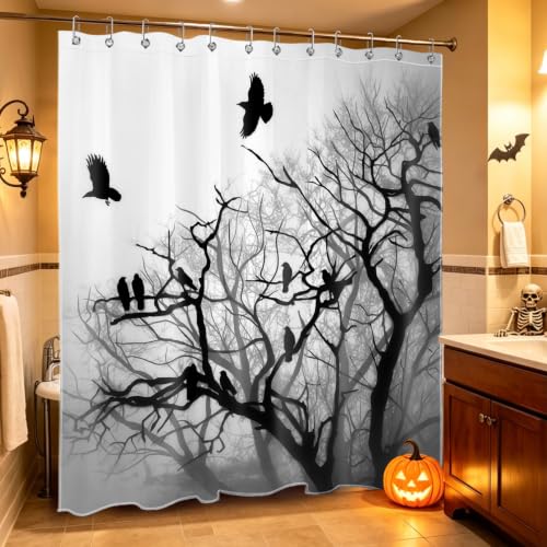 Misty Forest Shower Curtain Set 72x78 Inch Waterproof Polyester Bathroom Decor with Hooks - Black Grey Foggy Woods Birds on Tree Raven Halloween