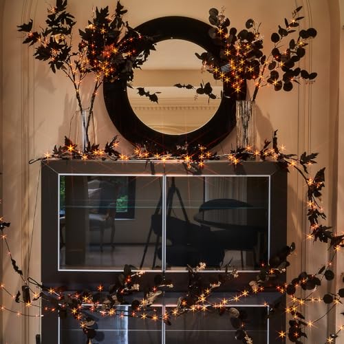 Lighted Black Eucalyptus Branches with Timer - 80 LED Halloween Tree Decor