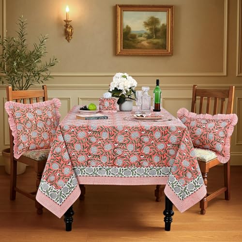 Dark Salmon Pink Hand Block Print Cotton Tablecloth 108 x 60 Inch - Rectangular