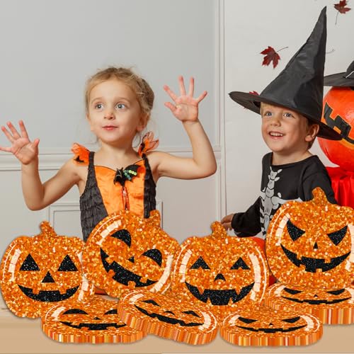 Halloween Pumpkin Plates 48-Pack 9 Inch Glitter Disposable Paper Dinnerware