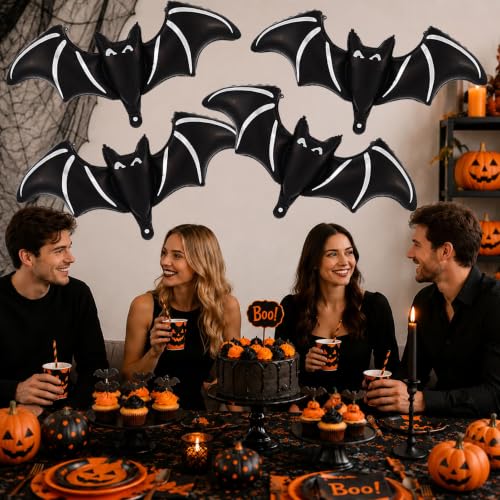 Halloween Bat Balloons Pack - Black Foil Bat Party Decorations, Set of 7