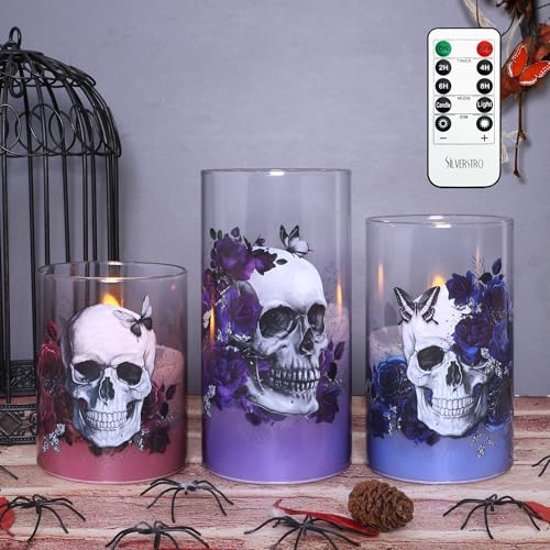 Gothic Skull Rose Flameless Candles Set with Remote Control - Halloween Decor