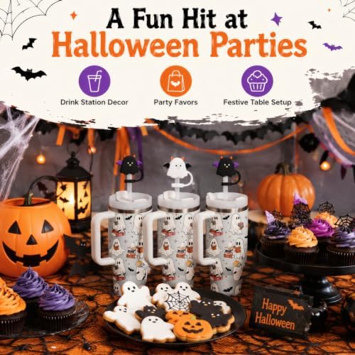 Halloween Ghost Straw Covers 6-Pack - Black and White Ghost Toppers for Tumblers