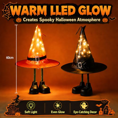 Halloween Witch Hat Decorations 2 Pack - Spooky Light Up Ornaments