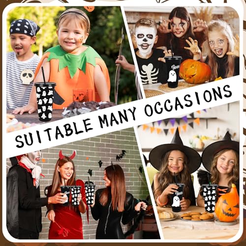 Halloween Ghost Plastic Cups with Lids & Straws - 24 Oz Reusable Tumblers for Party, Birthday & Baby Shower Decor, Black & White, Set of 12