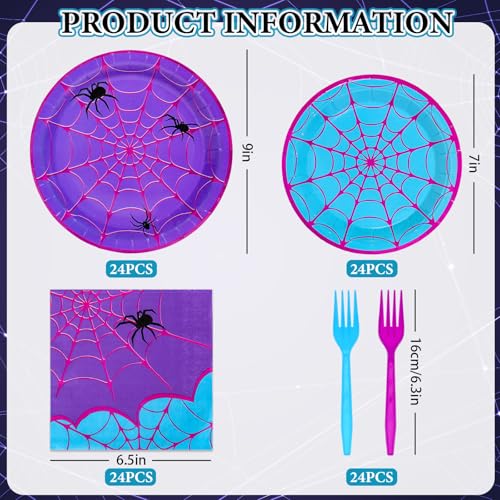 Spider Party Tableware Set for 24 Guests - Blue & Purple Disposable Plates Napkins Cutlery Halloween Birthday