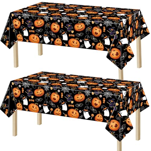 Halloween Plastic Tablecloth 2 Pack - 54 x 108 Inch Ghost Pumpkin Witches Disposable Cover for Party